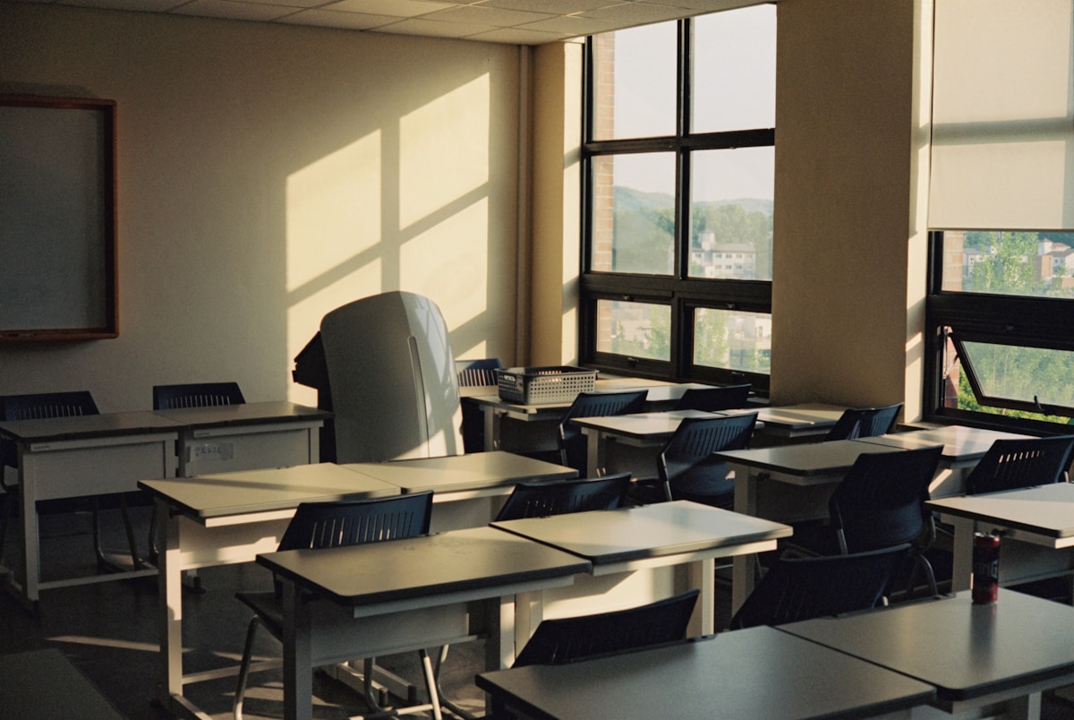 A modern classroom filled with natural light
